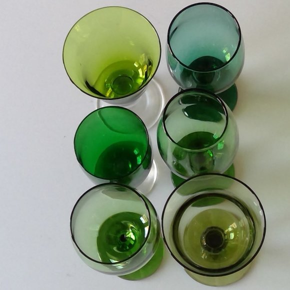 S/6 Mismatched Colorful Emerald Avocado Lime Green Water Goblets Wine Glasses - Picture 10 of 11